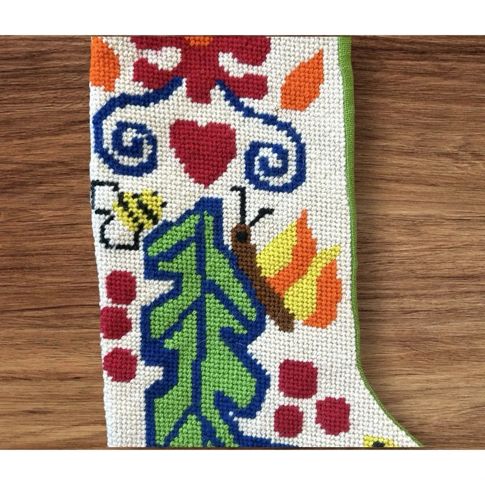 Handmade Needlepoint Christmas Stocking Folk Art Scandi‎ Pennylvania Dutch Retro